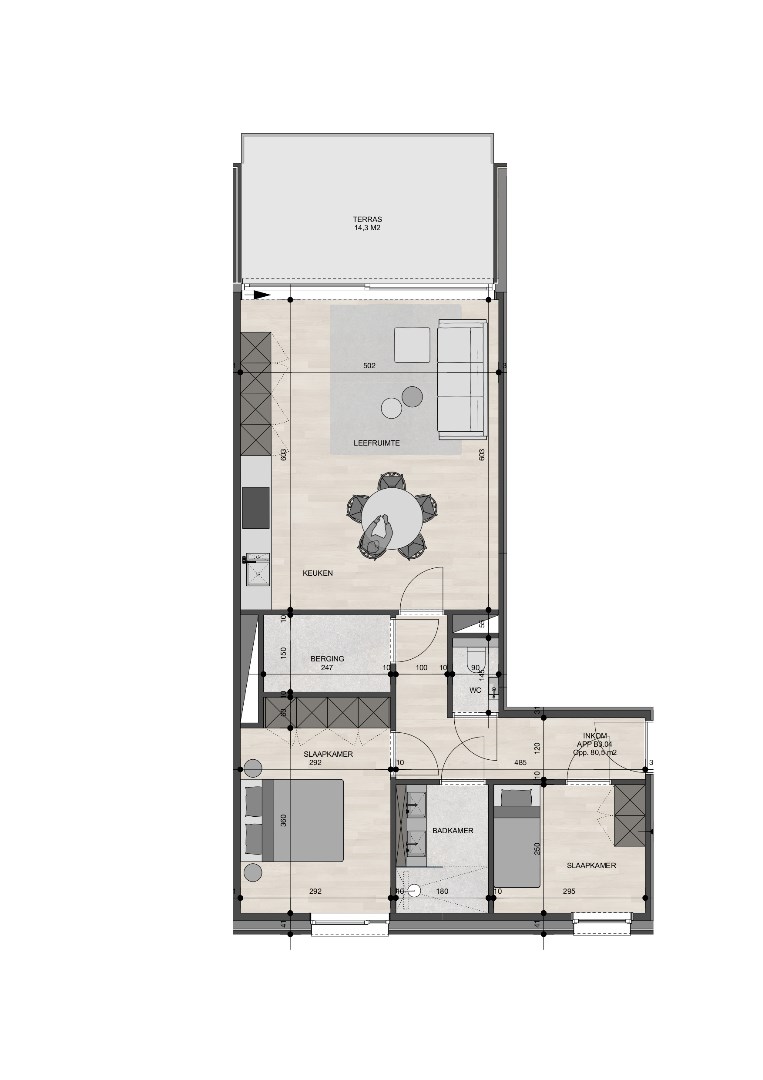 Appartement op de 3de verdieping van 80,50m² met twee slaapkamers 