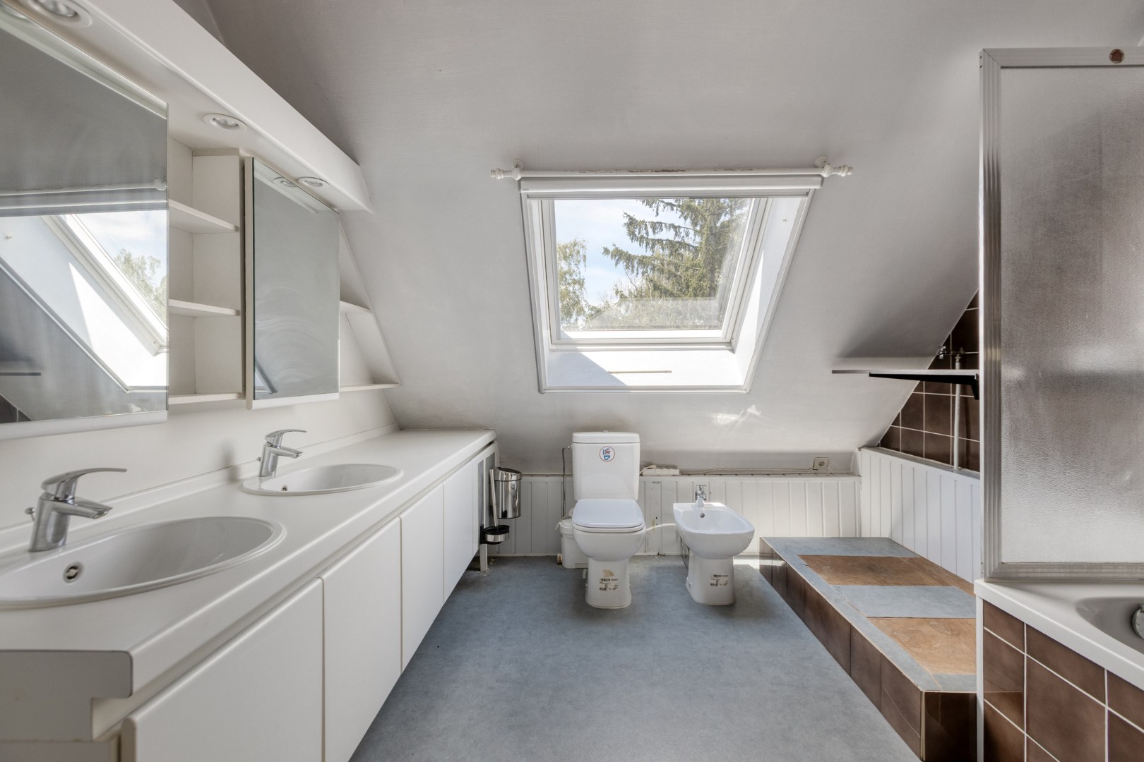 Badkamer met dubbele lavabo en toilet