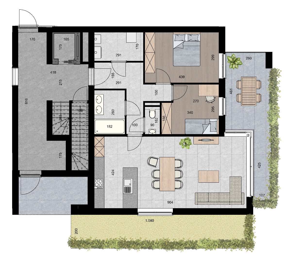 Gelijkvloers appartement (96 m²) met 2 slpk, overdekt terras en tuin. 