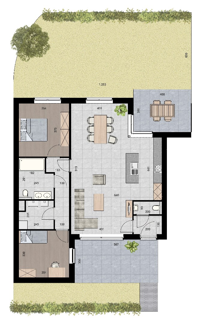 Gelijkvloers appartement (114 m²) met 2 slpk, 2 overdekte terrassen en knusse tuin. 
