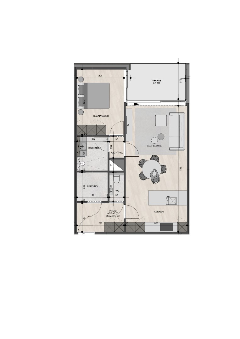 Appartement op de 3de verdieping van 67,50m² met één slaapkamer 