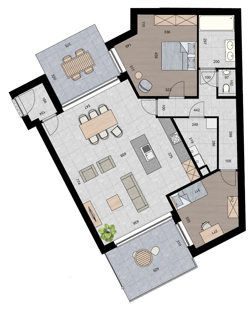 Ruim appartement (121 m²) met 2 slpk en 2 overdekte terrassen. 