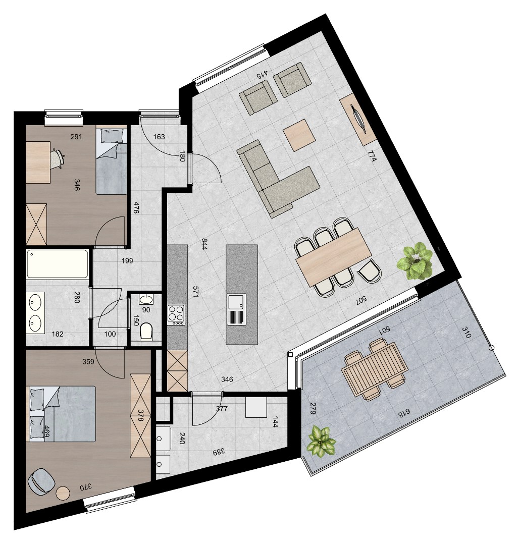 Ruim appartement (117 m²) met 2 slpk en overdekt terras. 