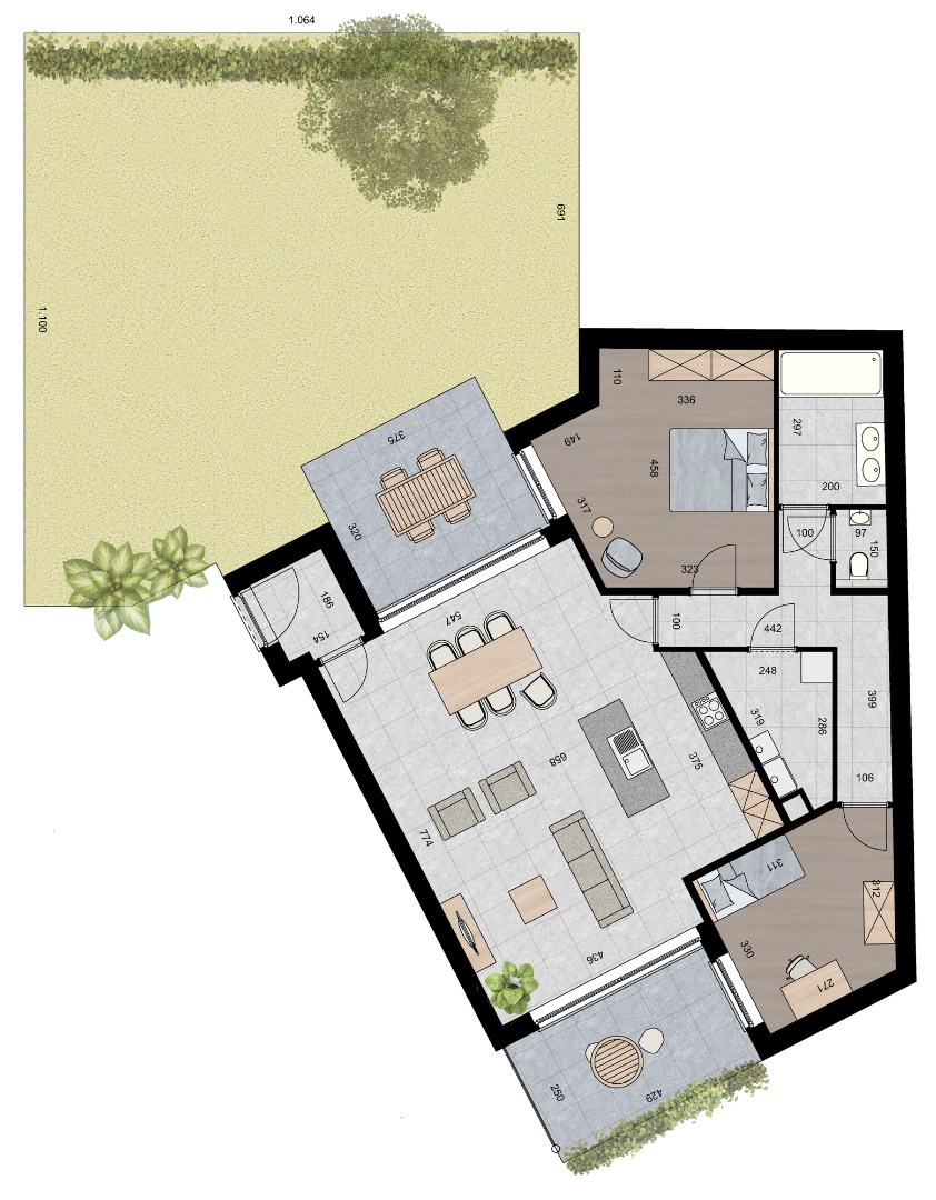 Gelijkvloers appartement (121 m²) met 2 slpk, 2 overdekte terrassen en ruime tuin. 