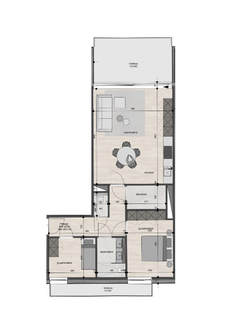 Appartement op de 3de verdieping van 80,50m² met twee slaapkamers 