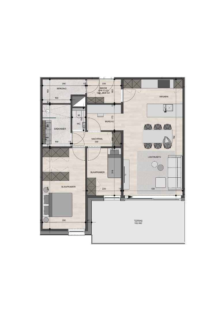 Penthouse op de 3de verdieping van 89,60m² met twee slaapkamers 
