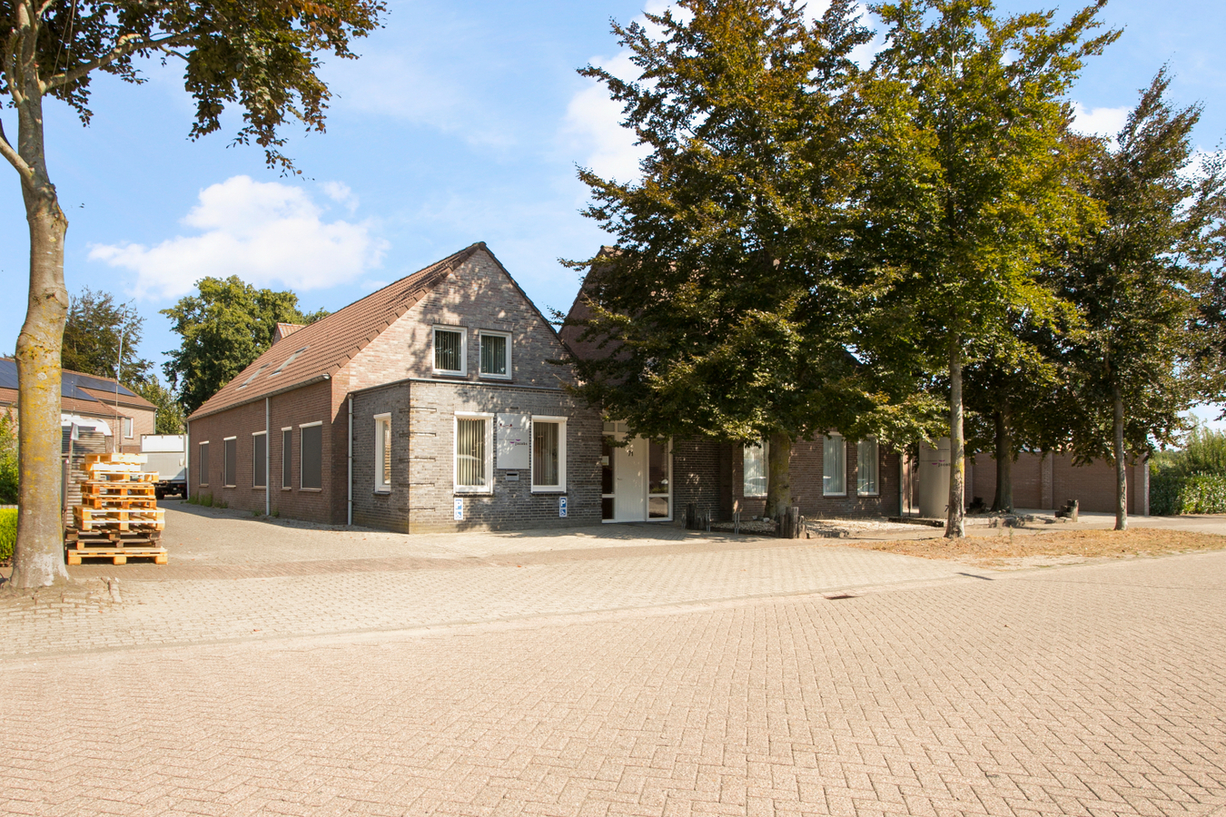 Deze vrijstaande woning met bedrijfsgebouwen staat tegen het bedrijventerrein van Reusel. 