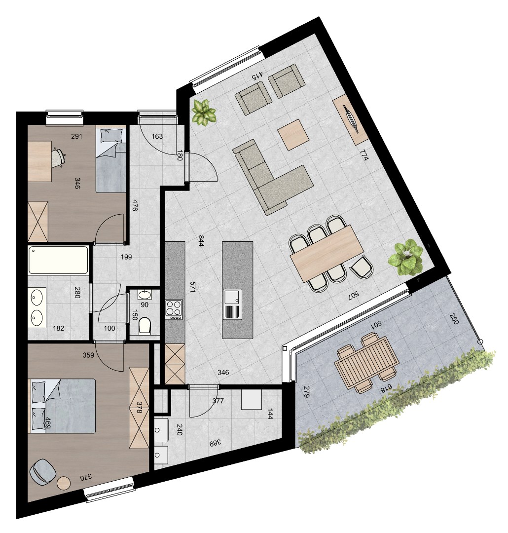 Gelijkvloers appartement (117 m²) met 2 slaapkamers en overdekt terras. 