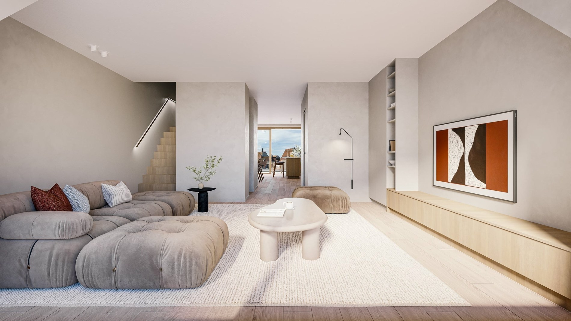 Ruime (125 m2) duplex met mooie terrassen en 3 slaapkamers.  Garage mogelijkheid in het gebouw. 