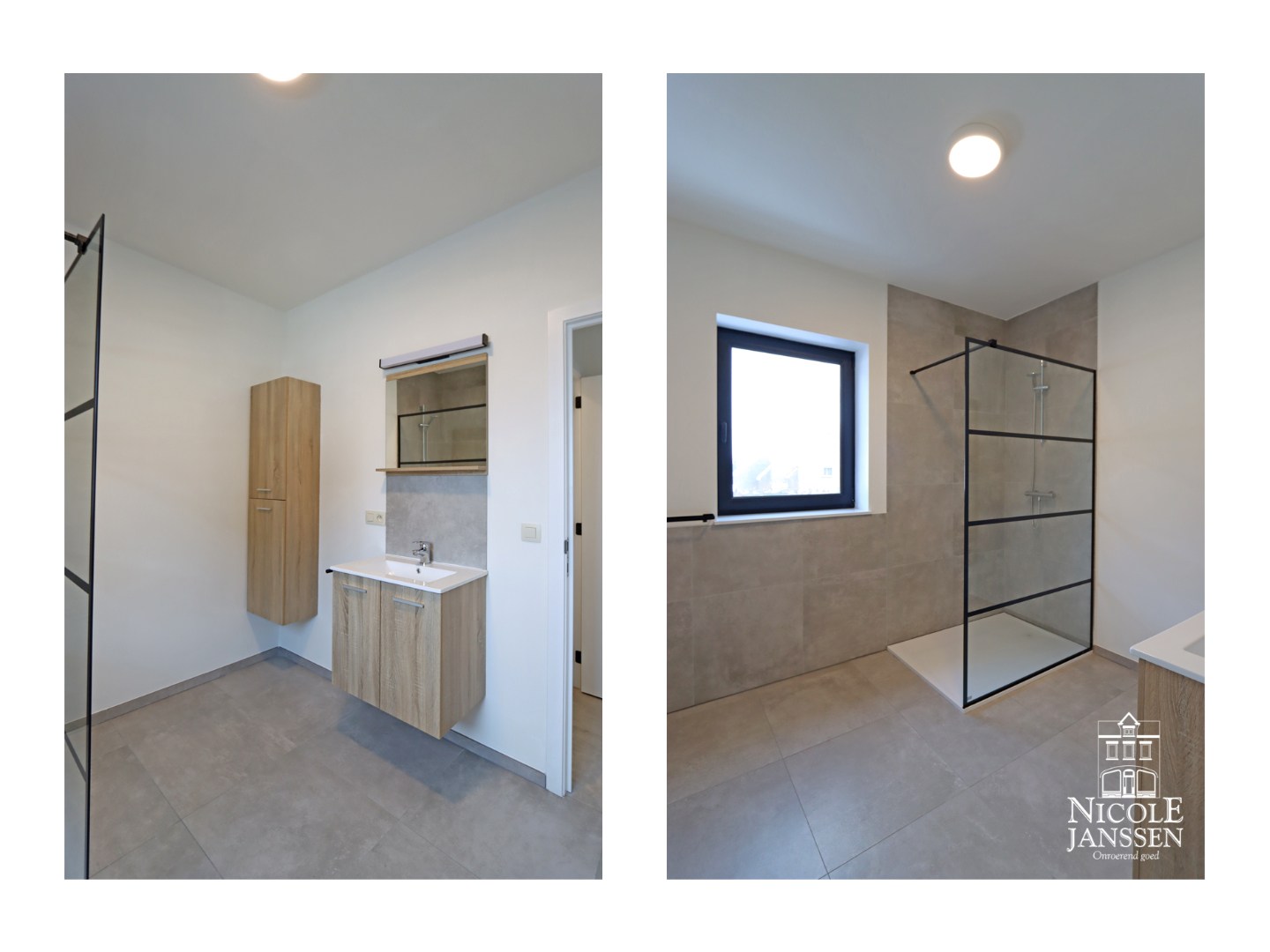 Badkamer met inloopdouche en enkele lavabo in badkamermeubel 