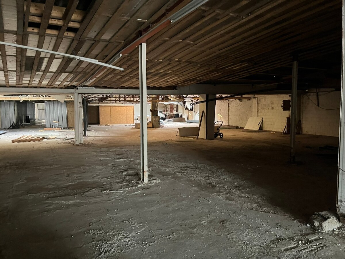 Handelsgelijkvloers met opslagruimte, weiland en achteringang 