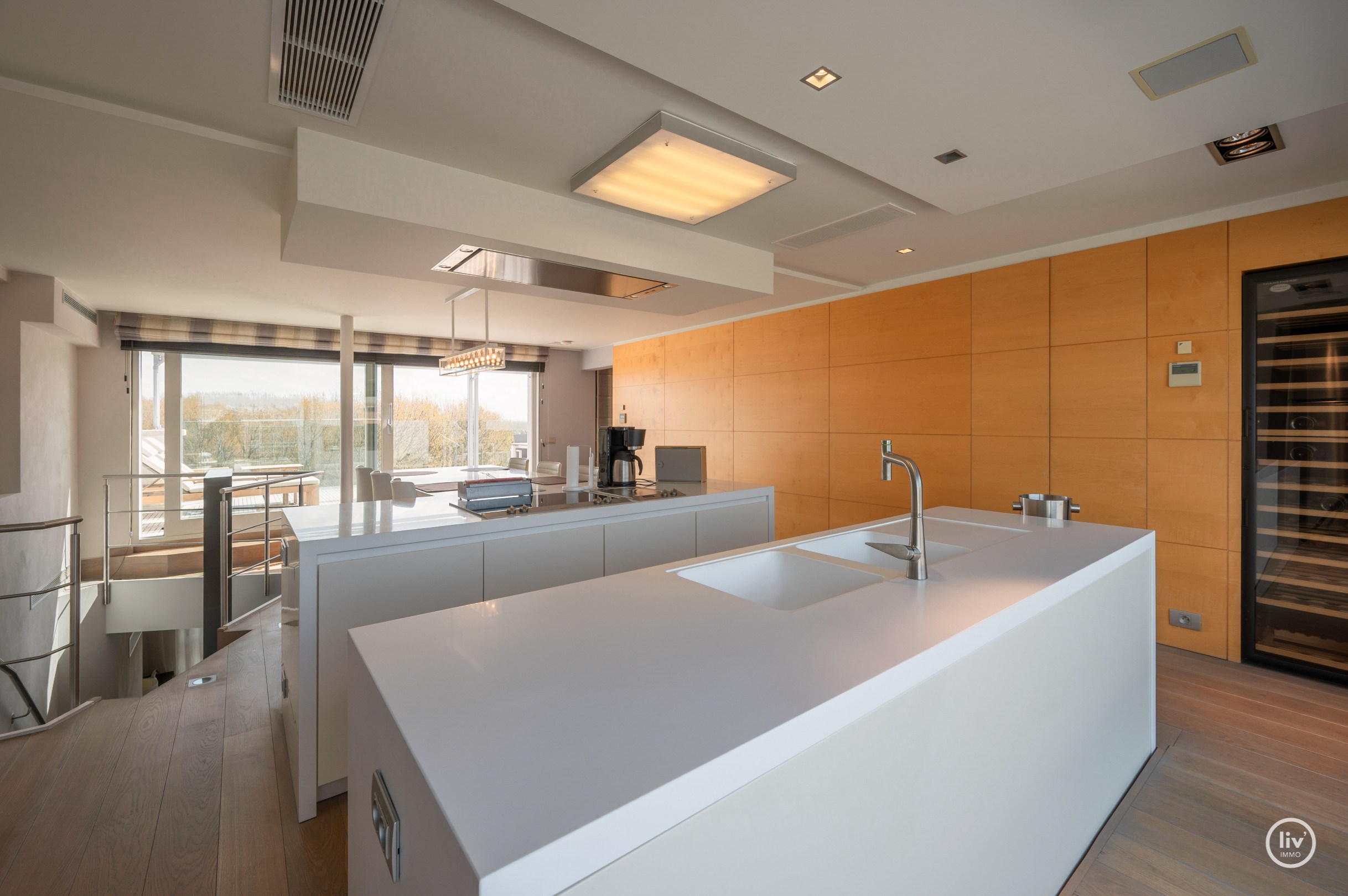 Dit magnifieke duplexappartement combineert uitzonderlijke volumes met adembenemende zichten over zowel de omliggende bossen als de zee. 