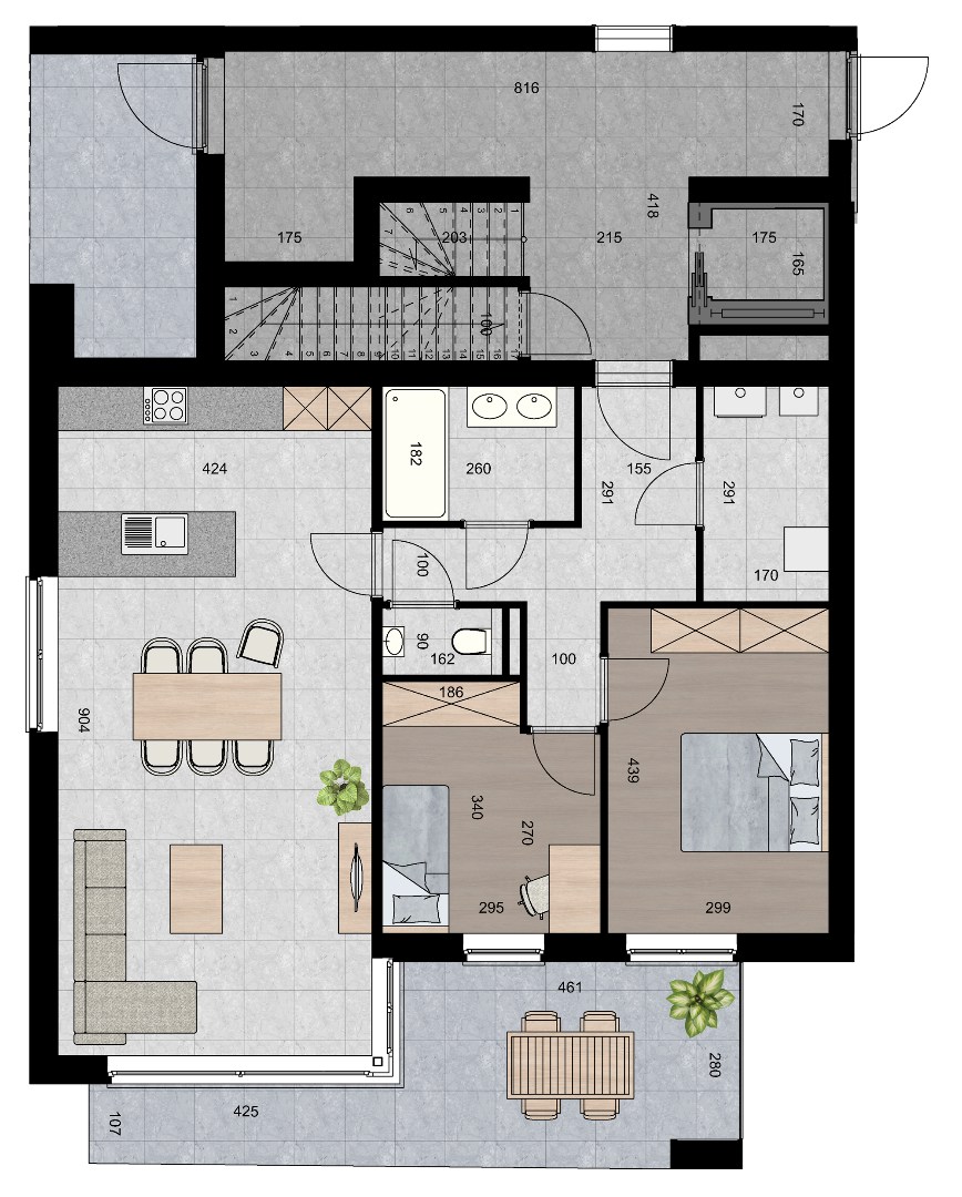 Lichtrijk appartement (95 m²) met 2 slpk en overdekt terras. 