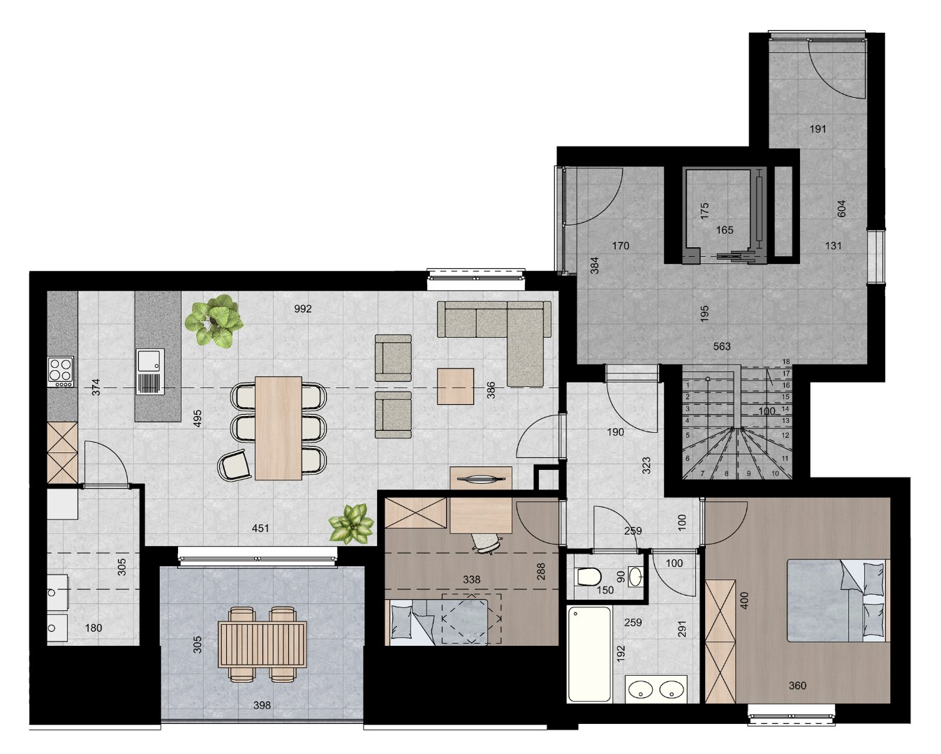 Penthouse (102 m²) met 2 slpk en ingesloten terras. 