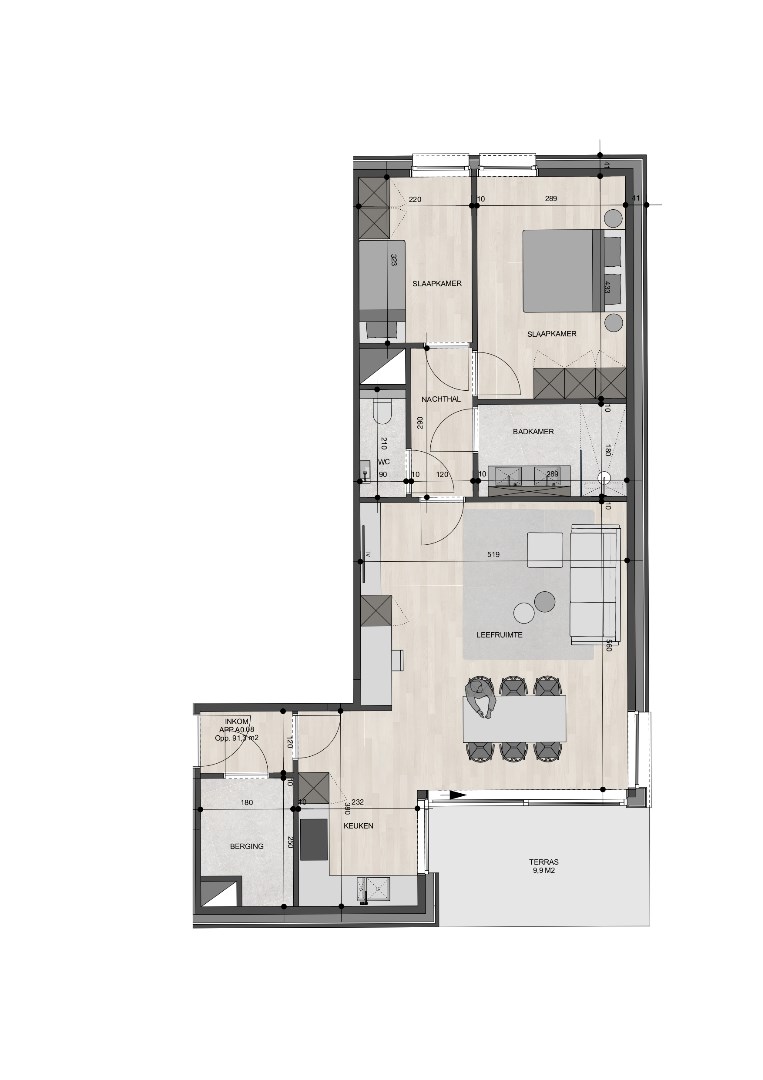 Gelijkvloers appartement van 91,30m² met twee slaapkamers 