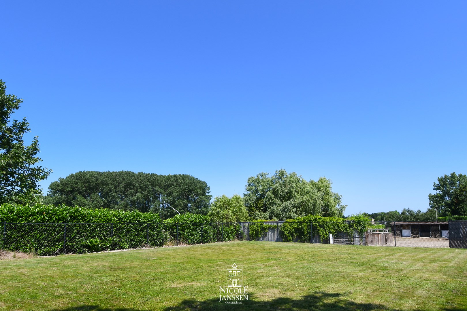 Open zicht op de achterliggende velden en weiland 