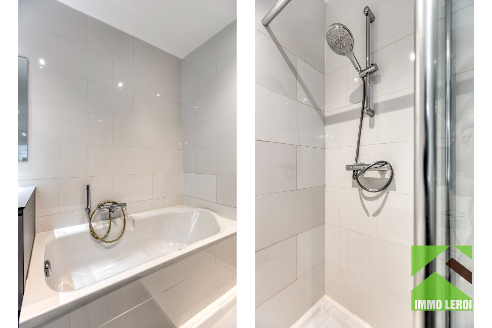 Badkamer met bad en douche