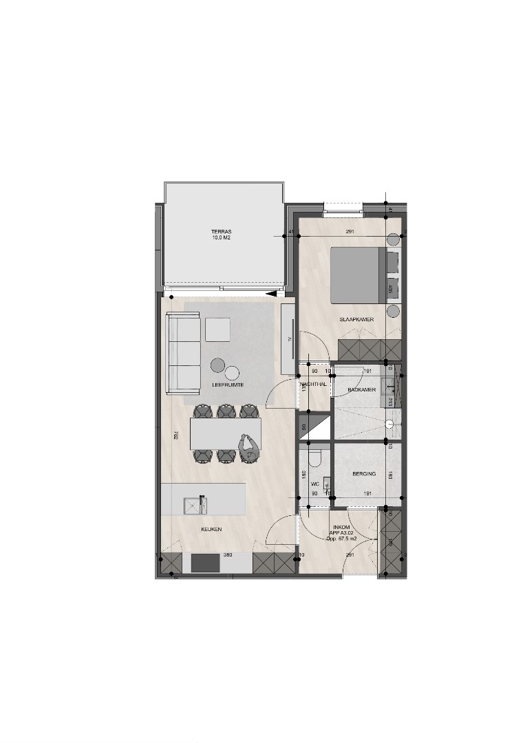 Appartement op de 3de verdieping van 67,50m² met één slaapkamer 