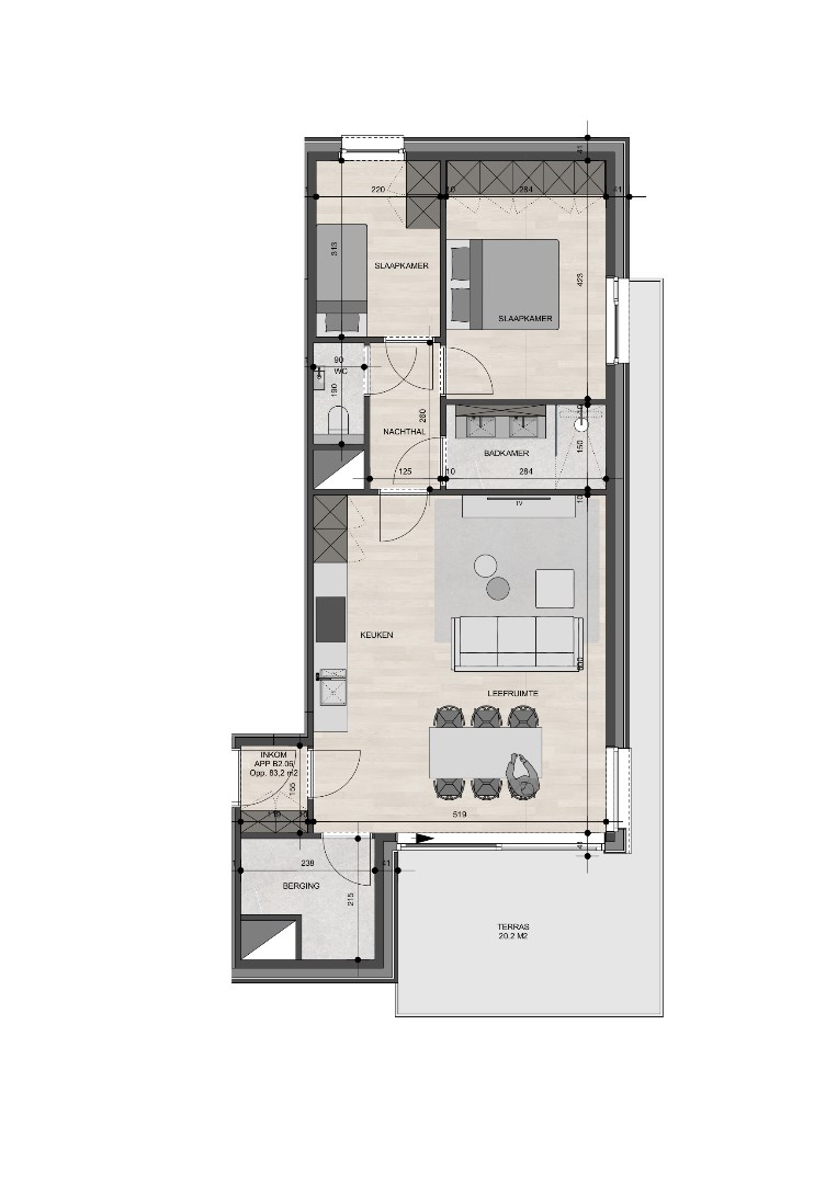 Appartement op de 2de verdieping van 83,20m² met twee slaapkamers 