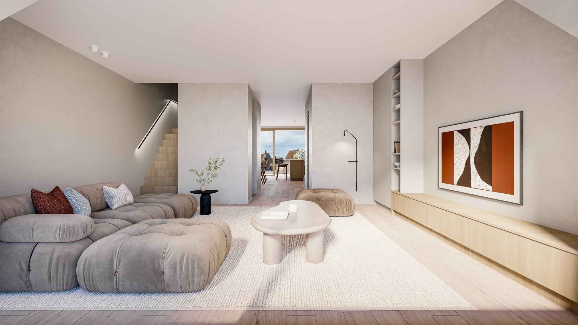 Ruime (155 m2) HOEKduplex met mooie terrassen en 3 slaapkamers.  Garage mogelijkheid in het gebouw. 
