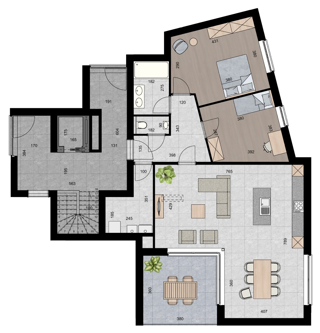 Penthouse (117 m²) met 2 slpk en overdekt terras. 