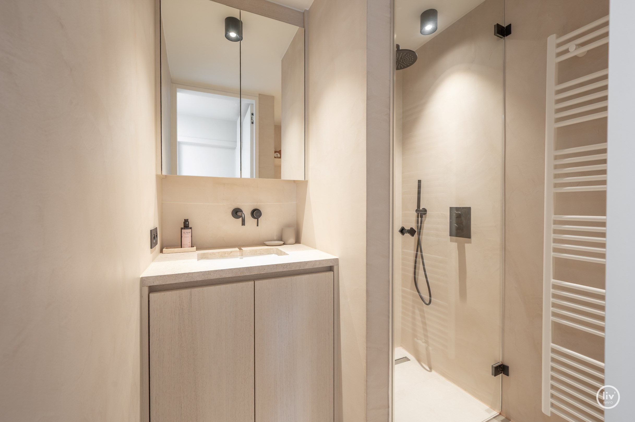 Appartement de 3 chambres élégamment rénové avec terrasse ensoleillée. 