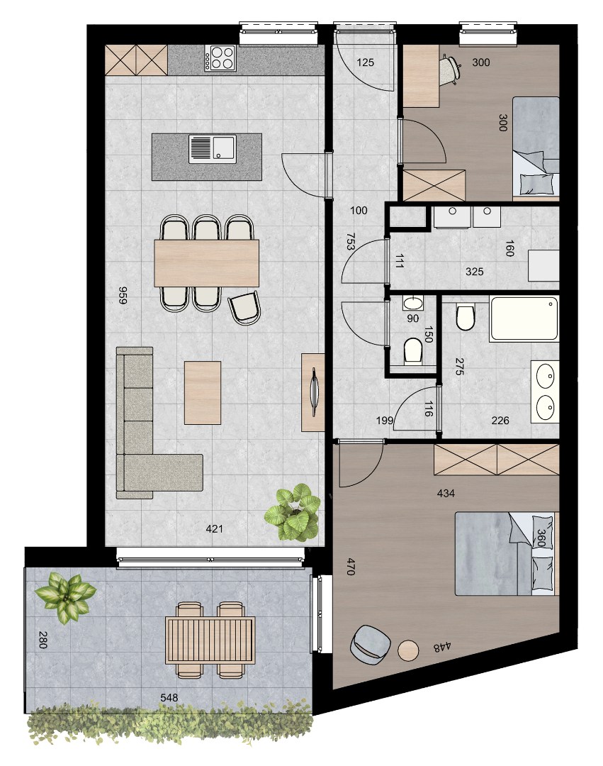 Gelijkvloers appartement (104 m²) met 2 slpk en overdekt terras. 