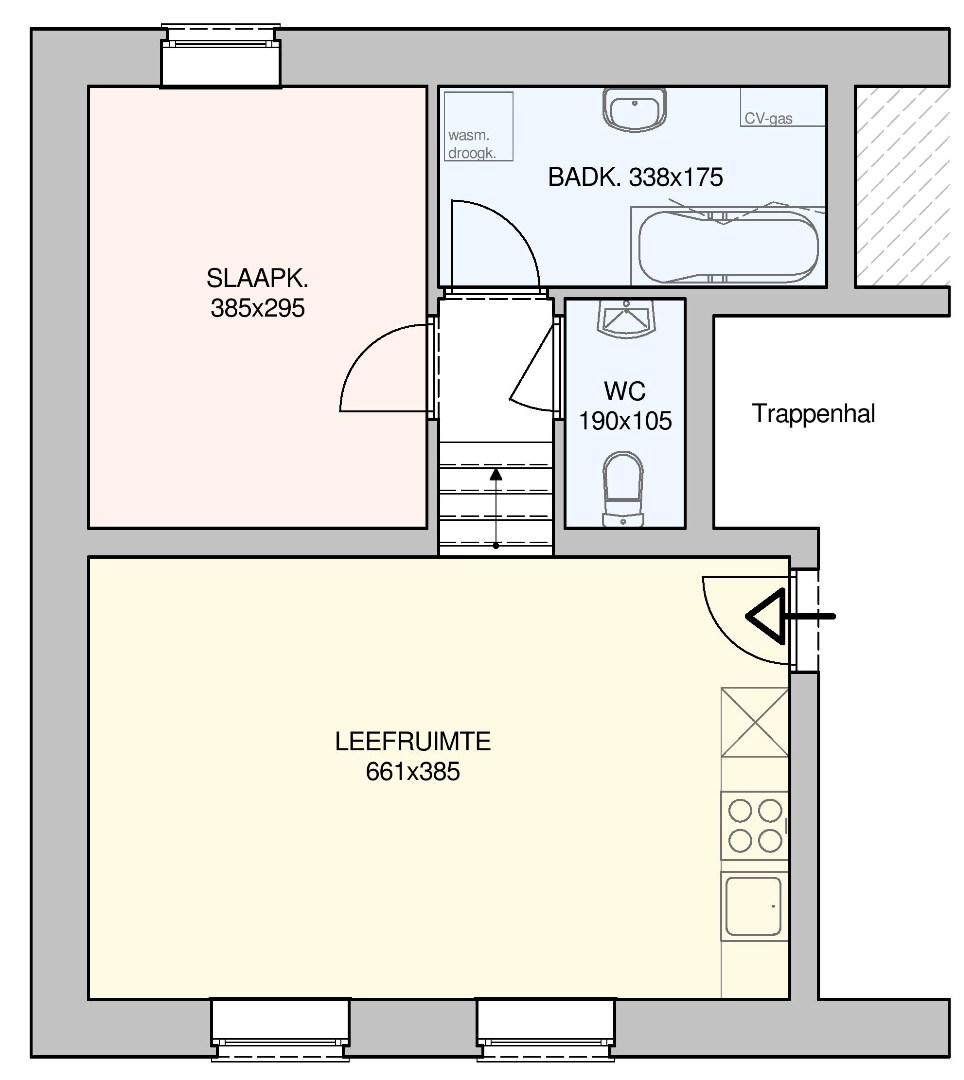 Gelijkvloers appartement met 1 slaapkamer. 