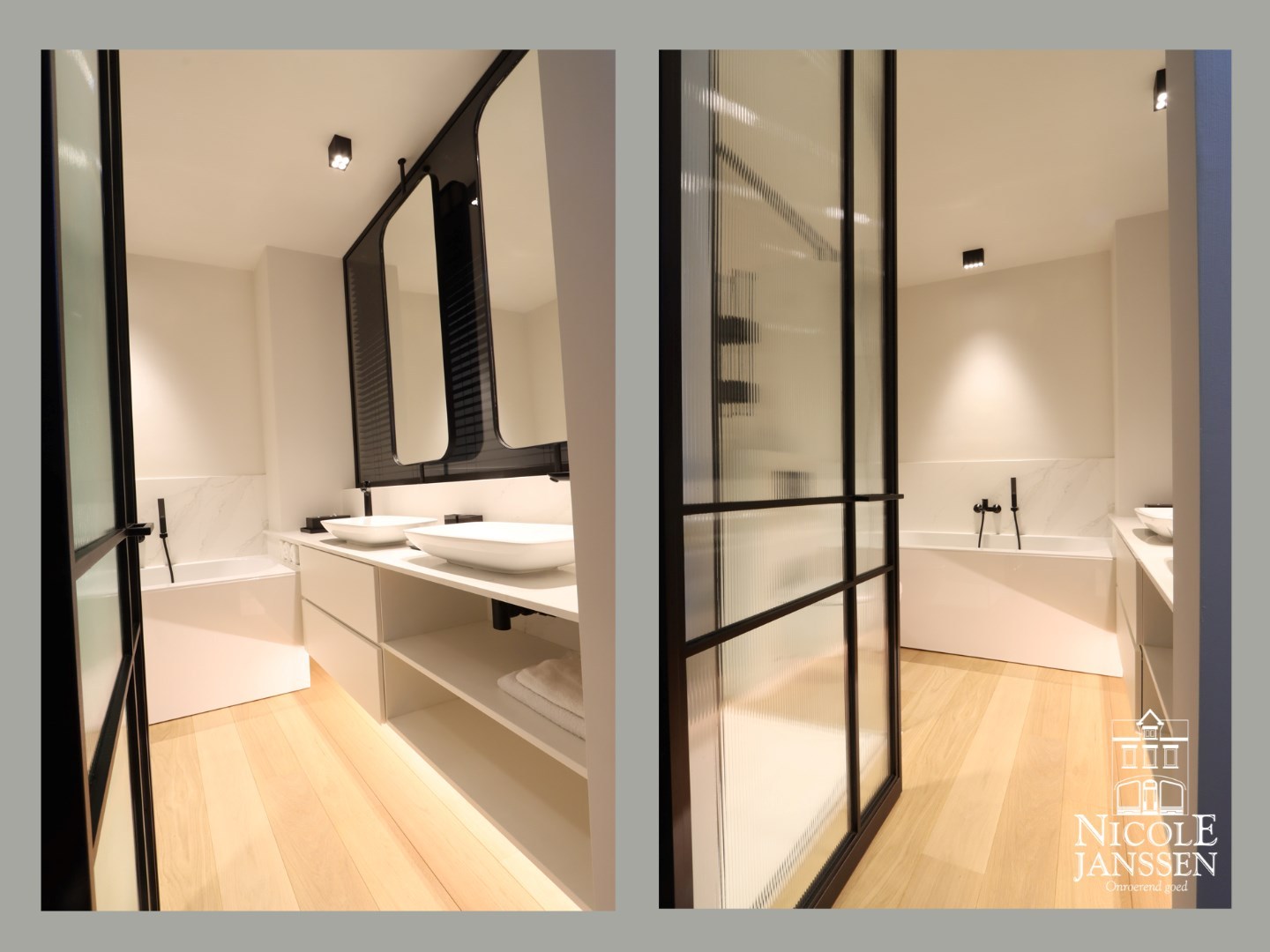 Badkamer met twee wastafels, ligbad, inloopdouche en toilet