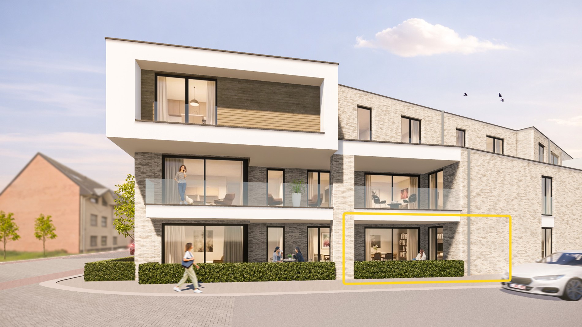 Gelijkvloers appartement (104 m²) met 2 slpk en overdekt terras. 