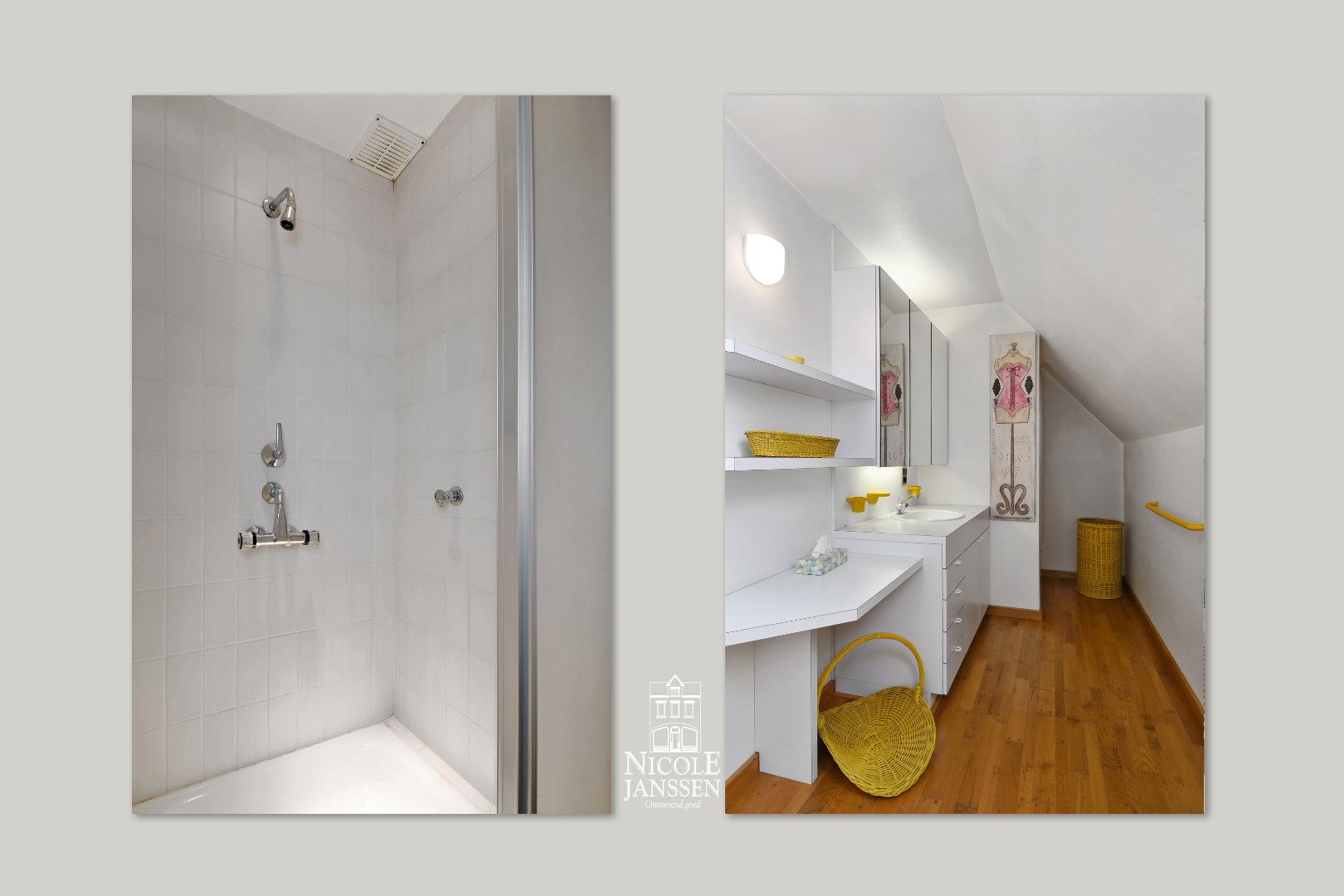 Badkamer met douche en enkele lavabo in fraai badkamermeubel