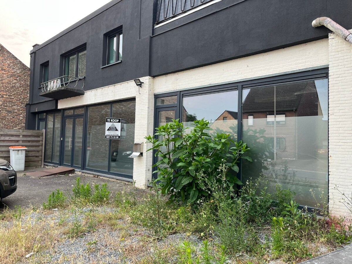 Handelsgelijkvloers met opslagruimte, weiland en achteringang 
