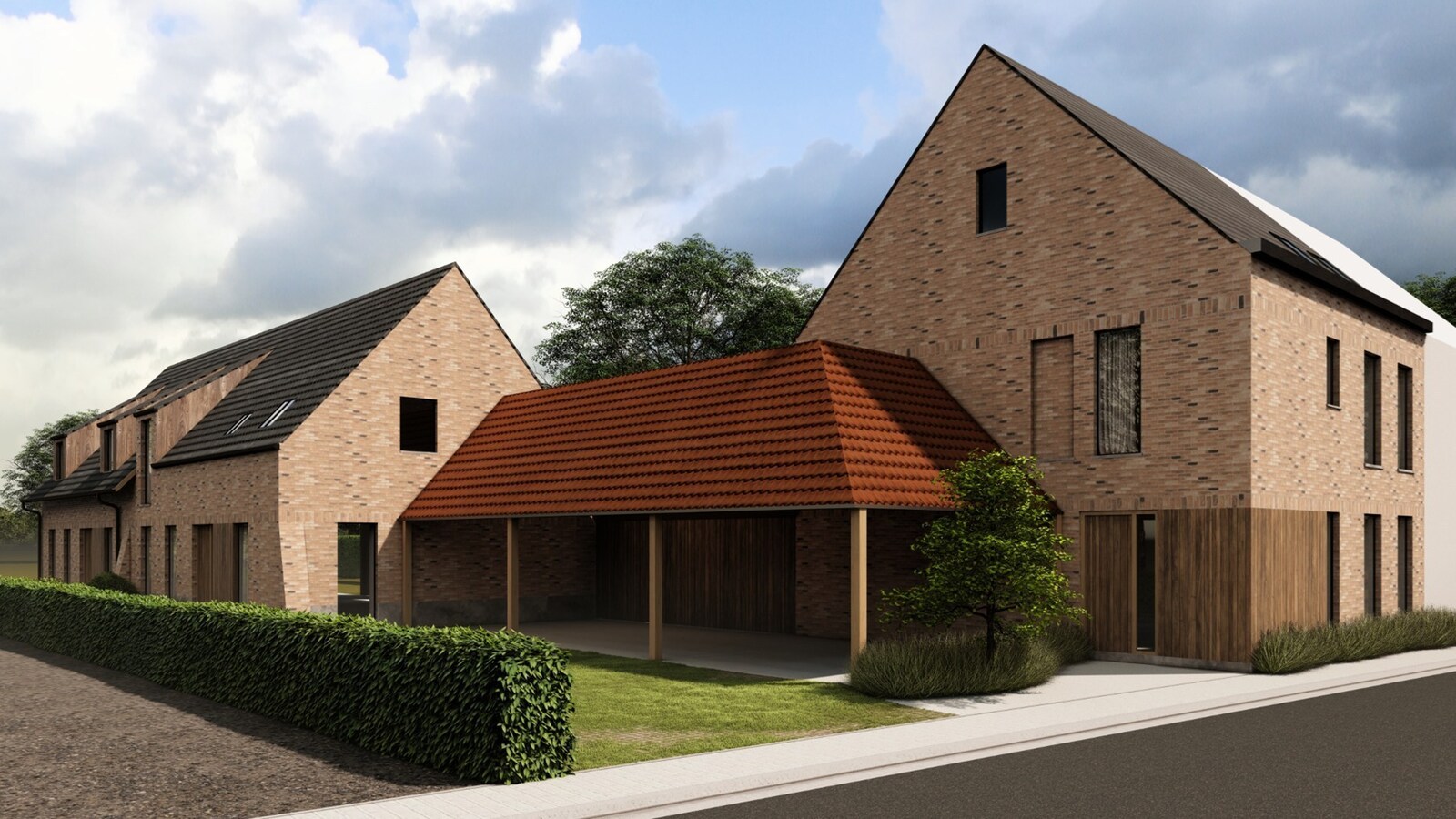 Woonerf met 3 knappe BEN-woningen te Nederzwalm 
