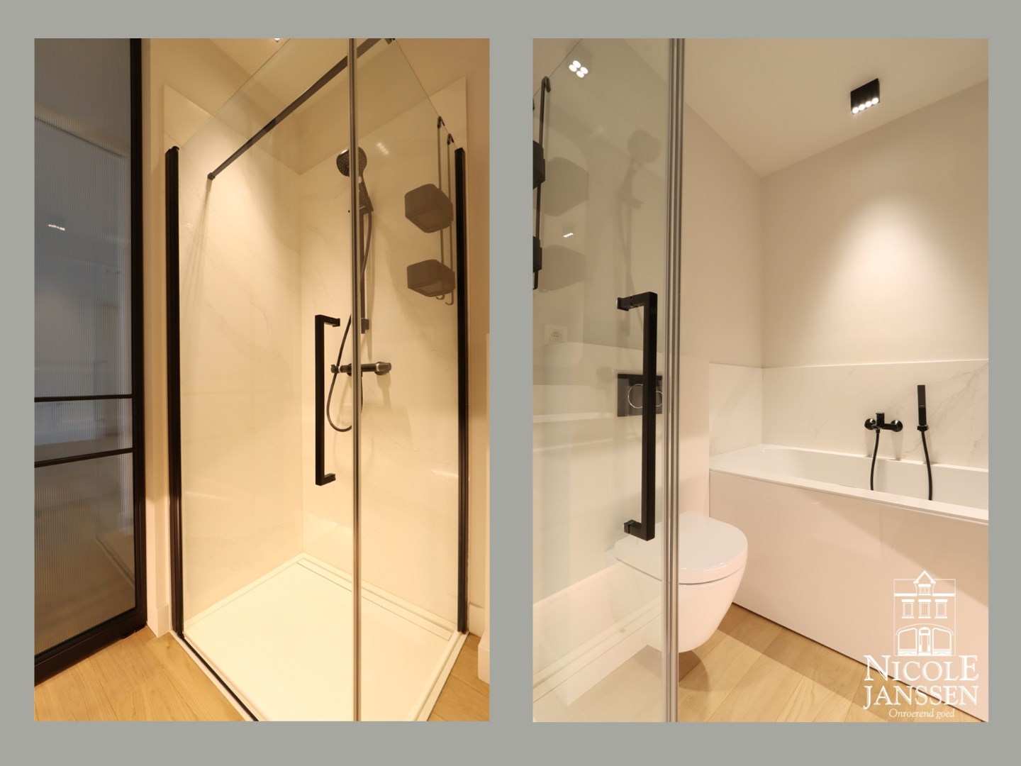 Badkamer met twee wastafels, ligbad, inloopdouche en toilet