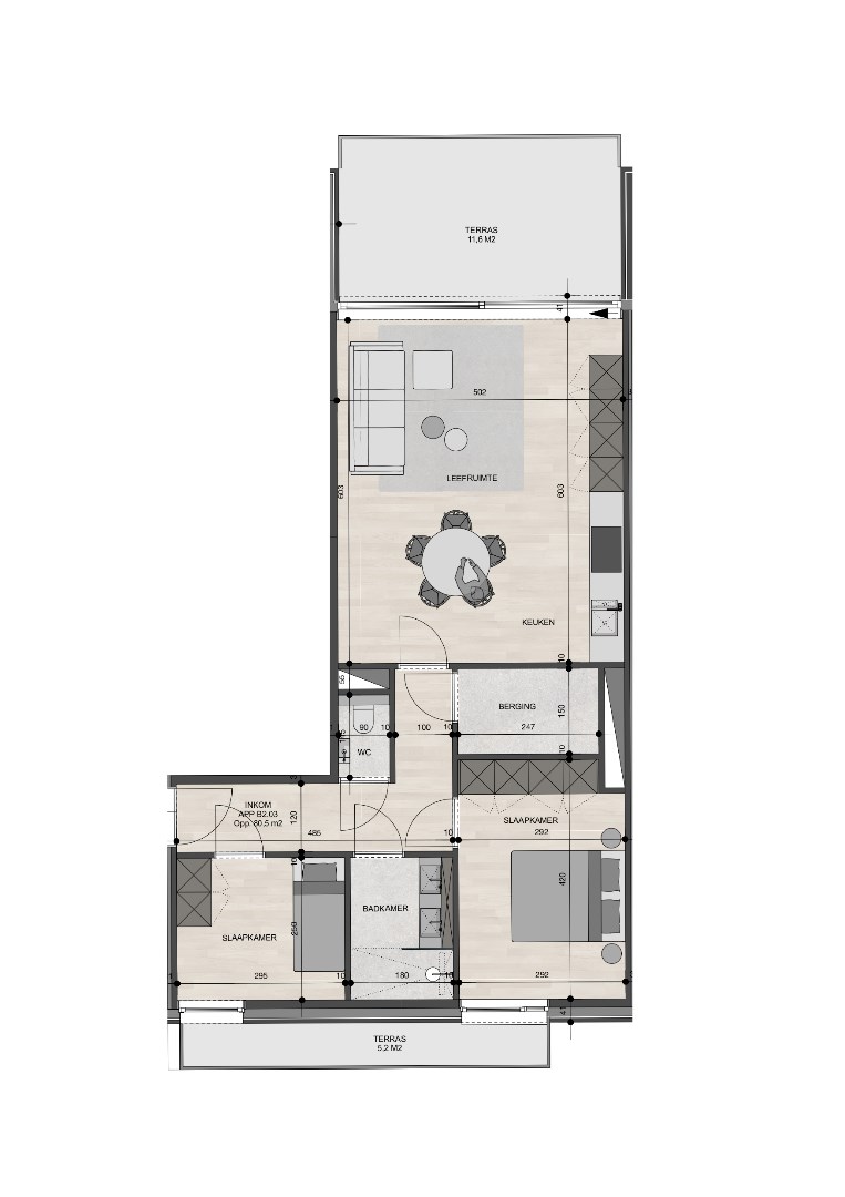 Appartement op de 2de verdieping van 80,50m² met twee slaapkamers 