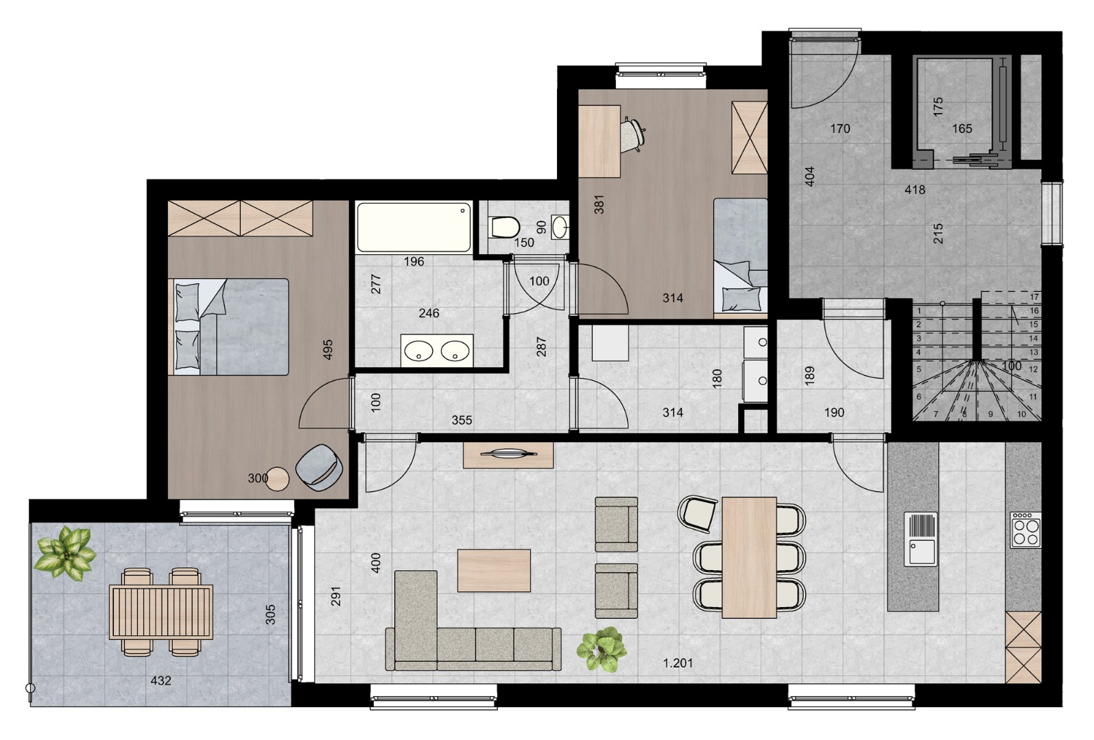 Ruim appartement (113 m²) met 2 slpk en overdekt terras. 