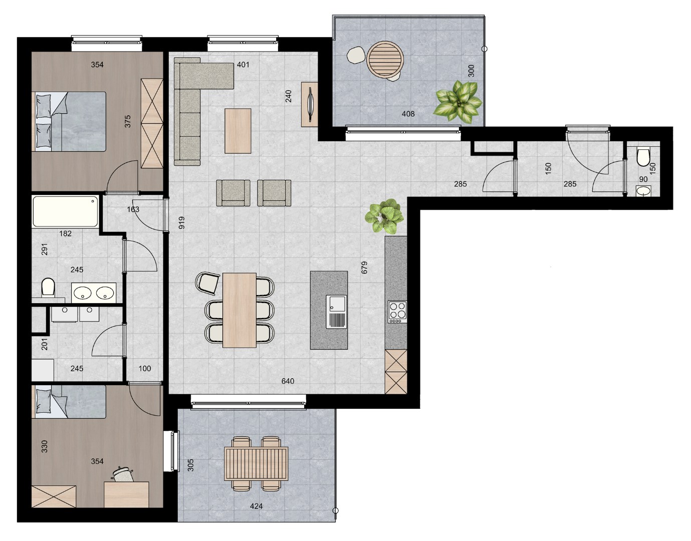 Ruim appartement (128 m²) met 2 slpk en 2 overdekte terrassen. 