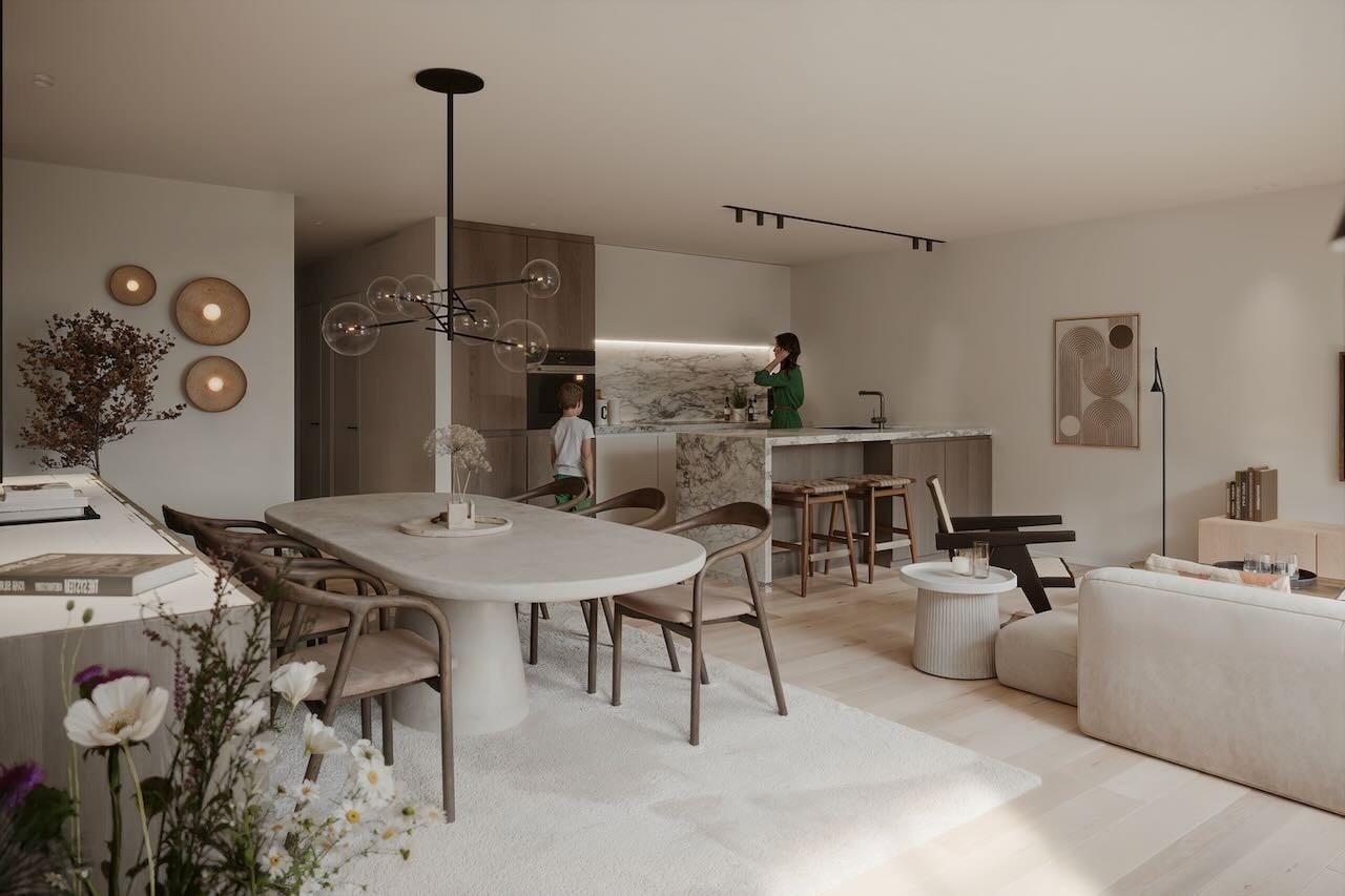 Dit charmante gelijkvloers appartement biedt 96,28m² woonoppervlakte en combineert comfort, licht en een directe verbinding met de groene binnentuin. 