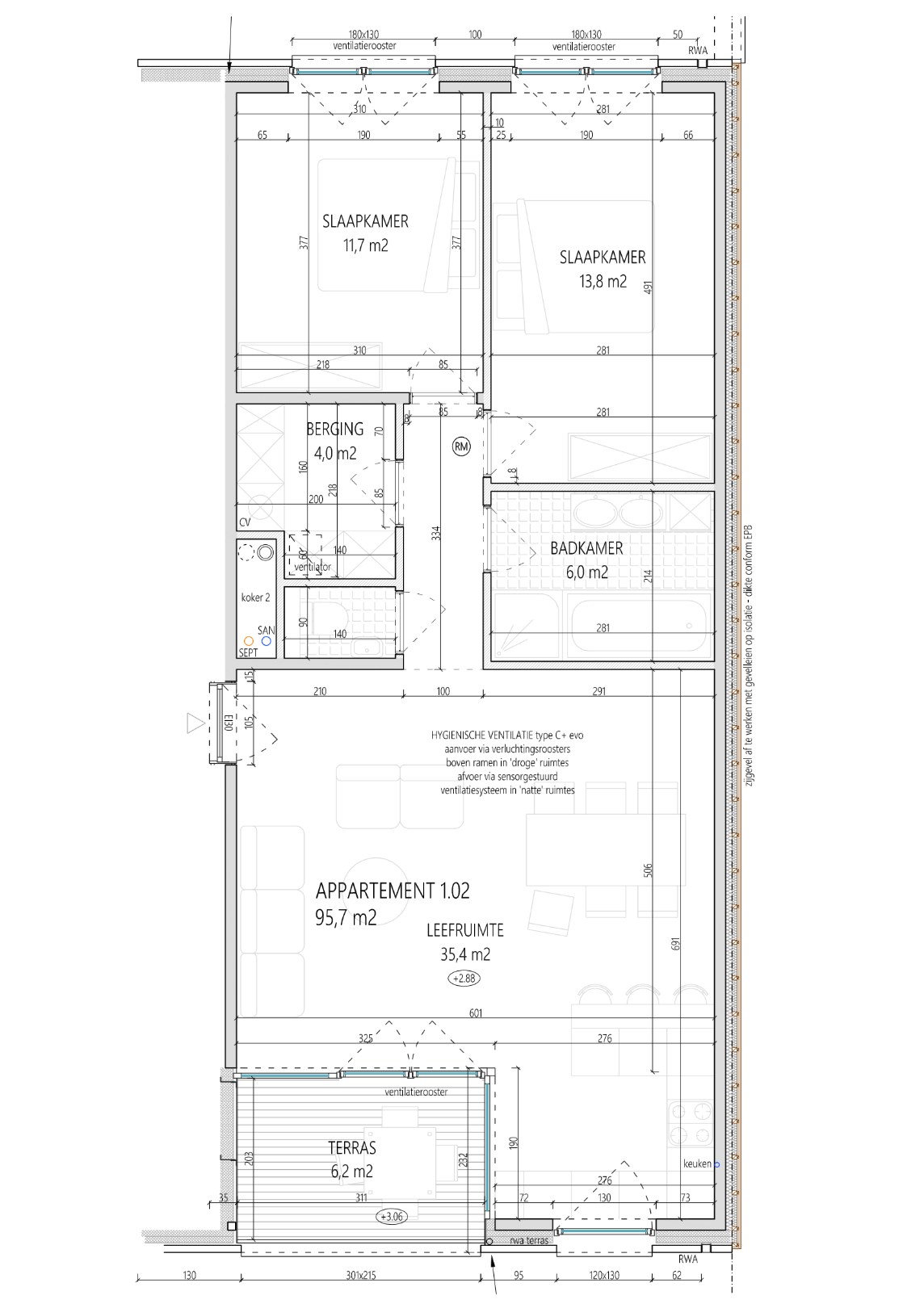 Appartement  met 2 slaapkamers, terras en parkeerplaats 