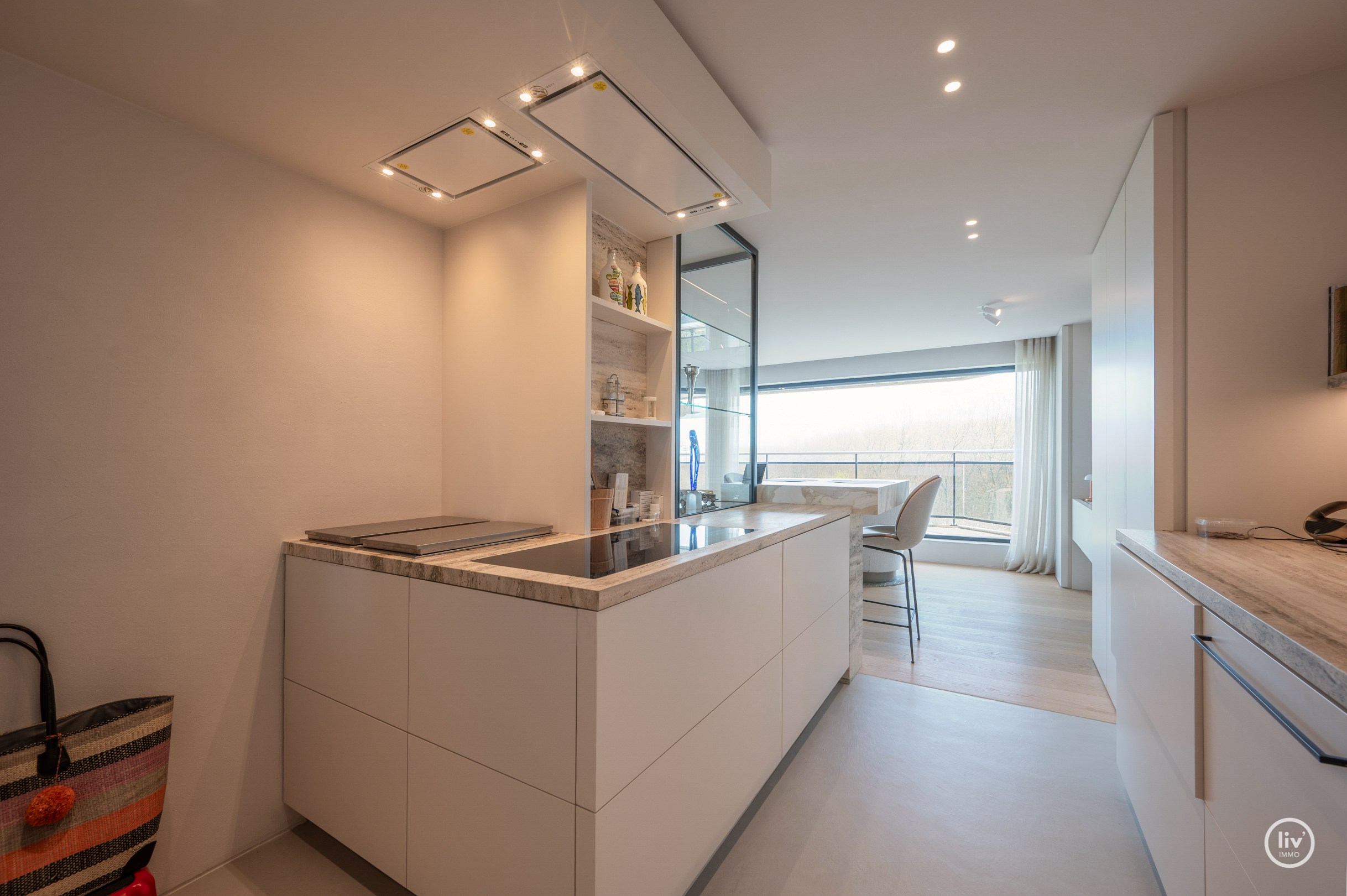 Dit magnifieke duplexappartement combineert uitzonderlijke volumes met adembenemende zichten over zowel de omliggende bossen als de zee. 