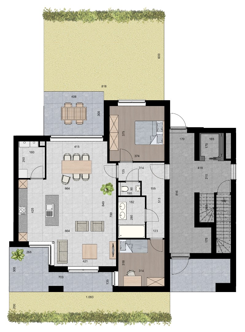 Gelijkvloers appartement (107 m²) met 2 slpk, 2 overdekte terrassen en knusse tuin. 