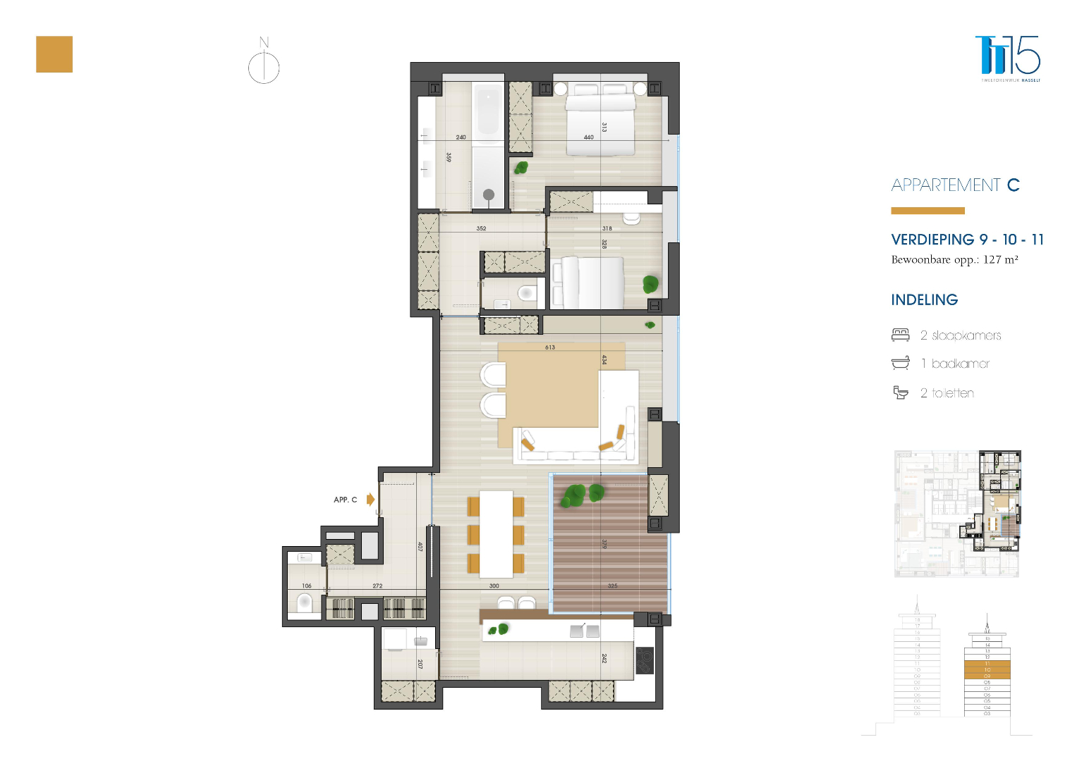 Appartement op de 10de verdieping van 127m² met twee slaapkamers 