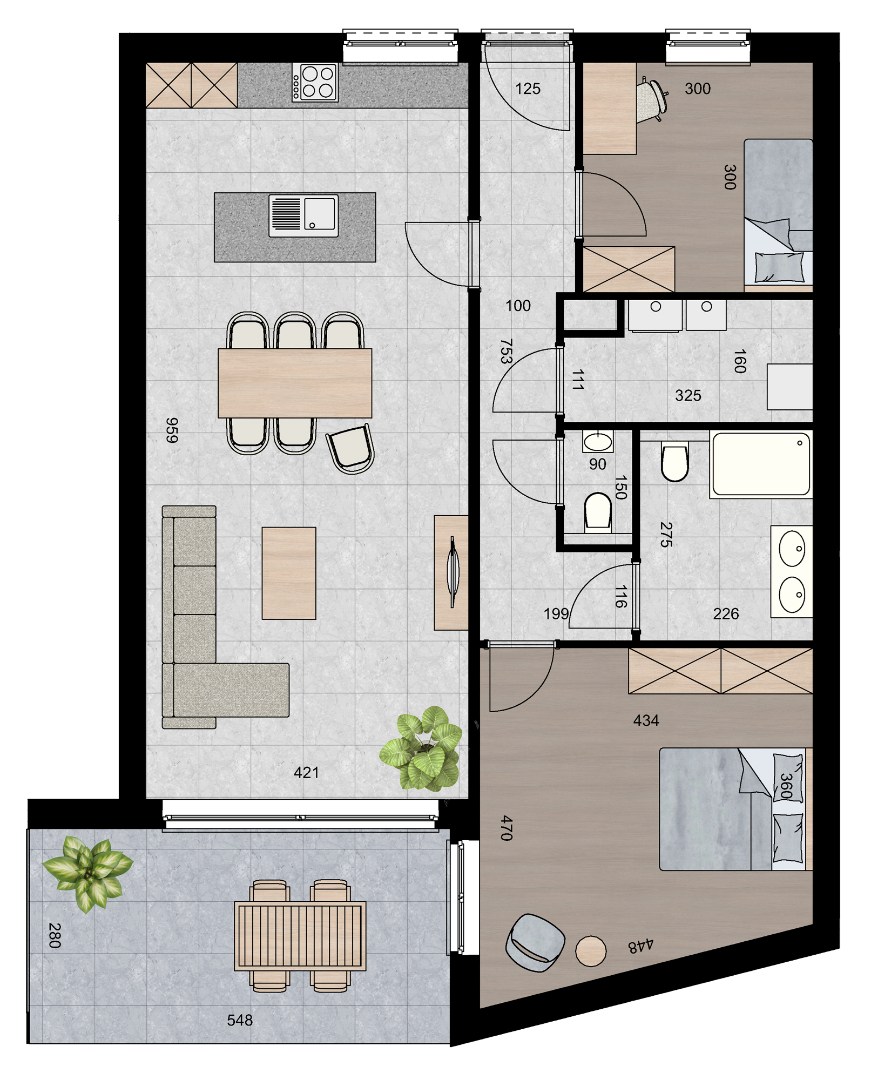 Ruim appartement (104 m²) met 2 slpk en overdekt terras. 