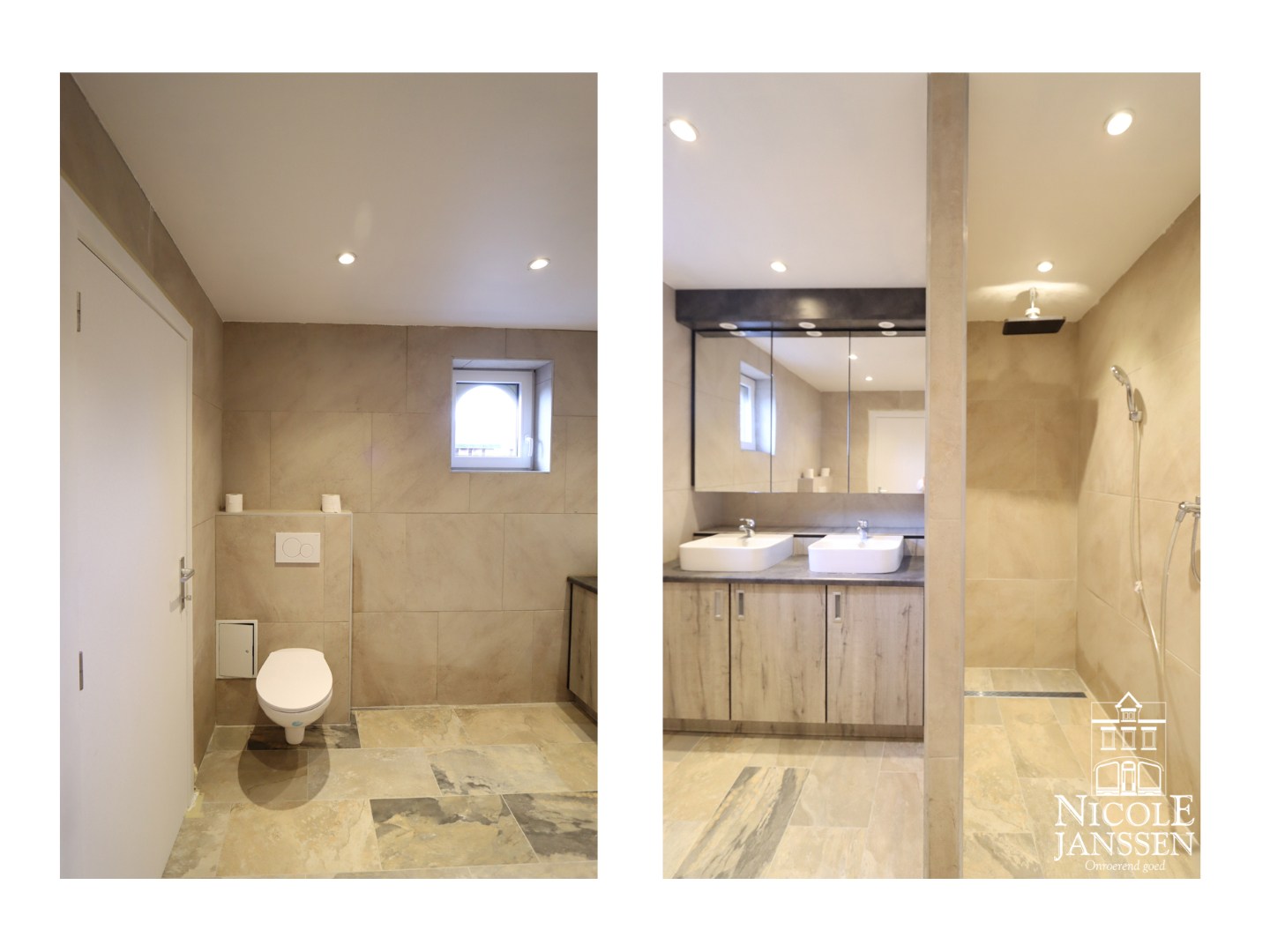 Badkamer met inloopdouche, toilet en dubbele lavabo 