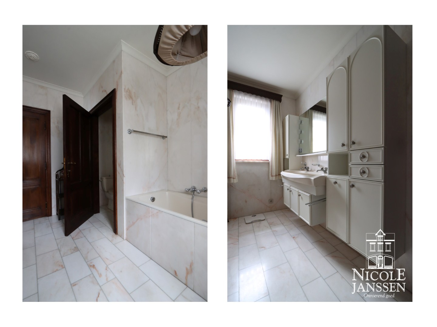 Betegelde badkamer met ligbad, dubbele lavabo en apart af te sluiten toilet 