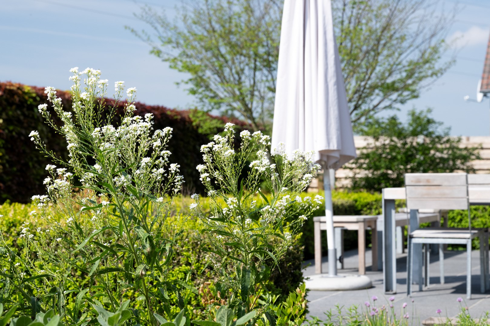 Extra terras met zicht op achterliggend weiland en akkers 