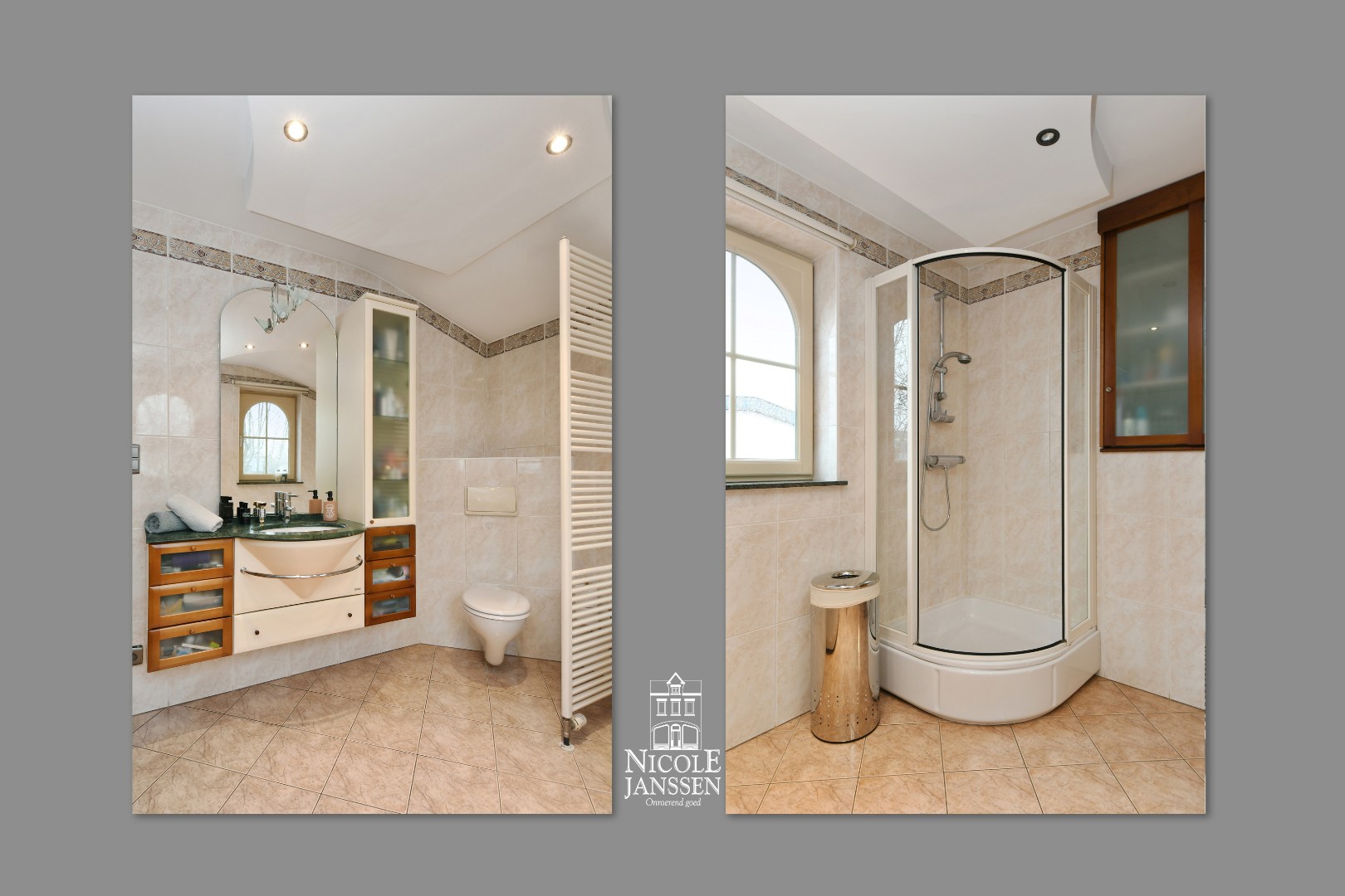 Douche en enkele lavabo in badkamermeubel 