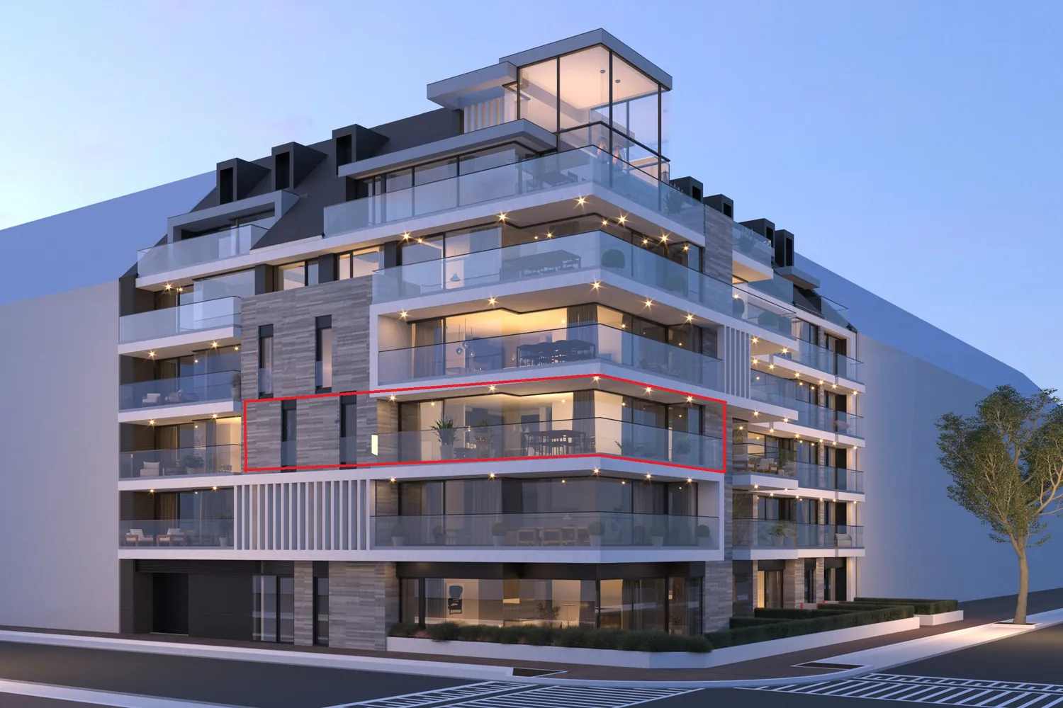 Zuidgericht HOEKappartement met drie-slaapkamers voor dubbel bed, 3 badkamers te Residentie Miraval. ruim terras ! Mogelijkheid tot aankoop van een inpandige garage.