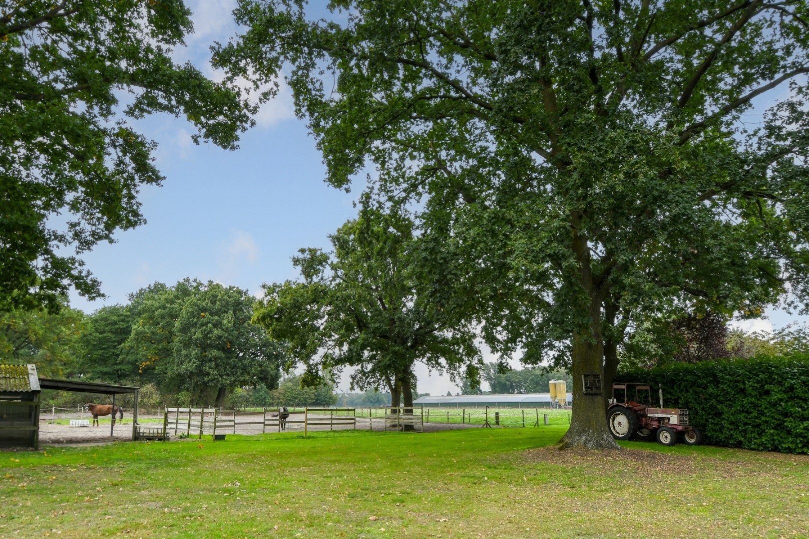 Vrijstaand woonhuis met inpandige garage, stal met 2 paardenboxen, vrijstaande inloopstal en verlichte zandpaddock met longeercirkel op een perceel van ruim 18.500 m2. Ideaal voor paardenliefhebbers. 