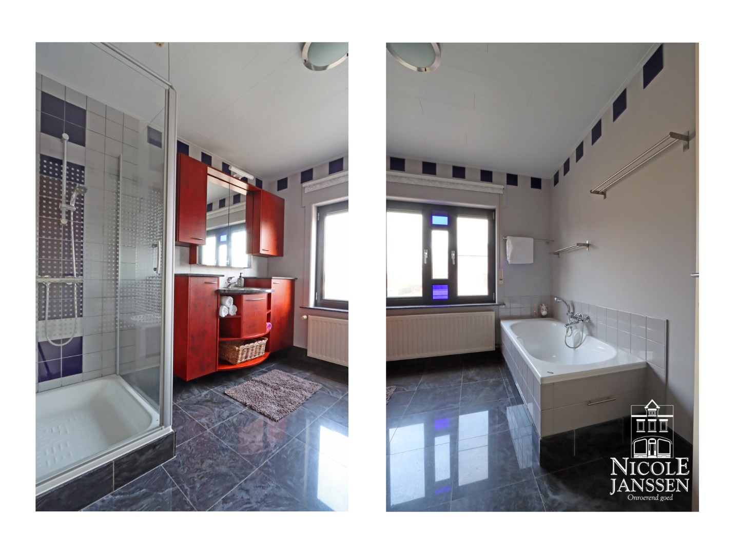 Ligbad, douche en lavabo in groot badkamermeubel